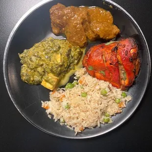 Vegetable Biryani, Tandoori Chicken, Goat Curry, Palak Paneer (Spinach)