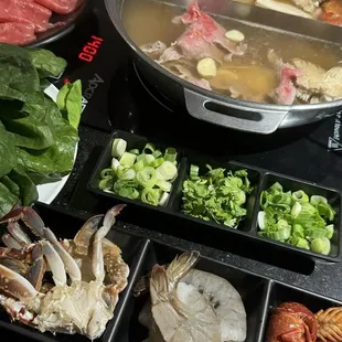 Hot pot, orange chicken, spicy shrimps