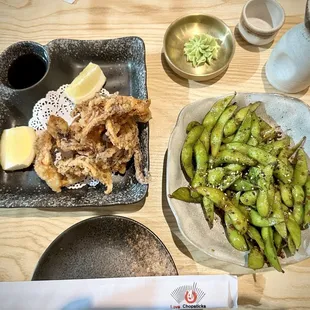 Fried Calamari , Garlic Edamame , house sake