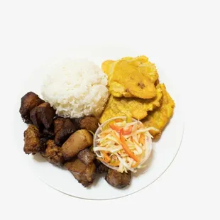White rice, fried pork,plaintain ,pikliz