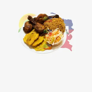 Rice and beans fried chicken, plantain, pikliz
