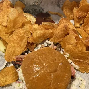 Pulled pork sandwich with slaw and chips (not jumbo)