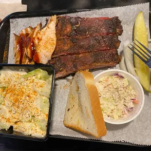 Rib + Chicken Dinner with side salad and slaw