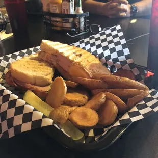 Hot ham and cheese $7 with potato rounds $3