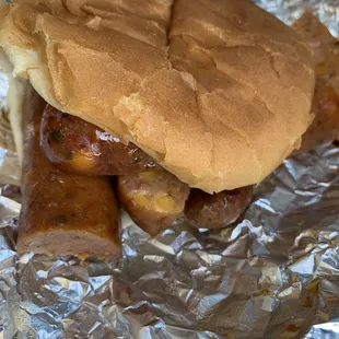 Jalapeño and cheese sausage sandwich, perfect amount of sausage to take the top off and pile sausage onto each side! Hallelujah!