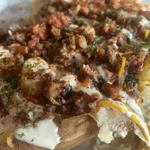 Loaded potato with chopped beef.