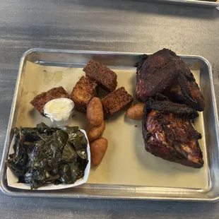 1/2 chicken white meat, cornbread fritters, collards, hush puppies