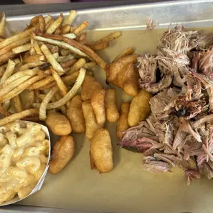 Pulled pork, fries, hush puppies &amp; Mac &amp; cheese