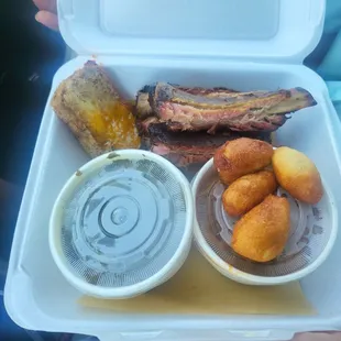 Meatloaf &amp; ribs w collard greens, baked beans, and hushpuppies