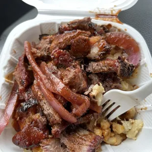 Tender Brisket Mac and Cheese. Onions on Top! This was like a small plate of freedom!