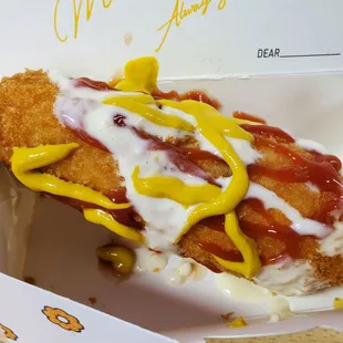 Original dog ($4.50) with ketchup, mustard, and I think garlic mayo