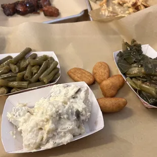 Veggie plate: Beans, Potato Salad, hush puppies and Collard Greens