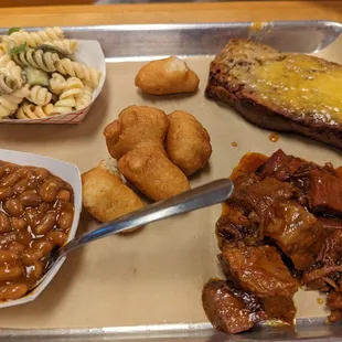 Burnt Ends, Meatloaf, Baked Beans, Pasta Salad