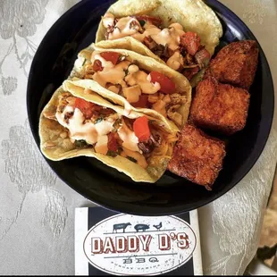 Brisket Taco, Pork Taco, Chicken Taco and Jalapeño Cheese Fritters