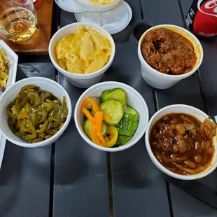 Sides- M&amp;C, Brisket and Oxtail chili, BBQ beans, pickles and Jalapenos