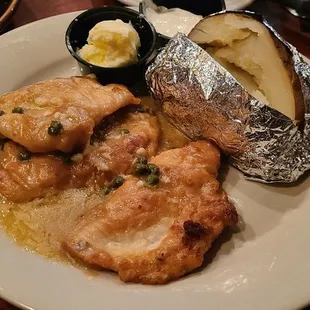 Chicken Piccata was tender and flavorful with lemon sauce, excellent baked potato.