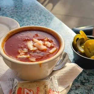 Chili with jalapenos as a side