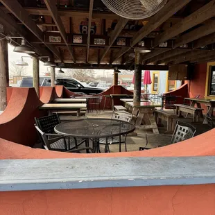Patio seating empty due to cold weather!