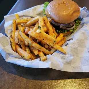 Wine burger with garlic fries