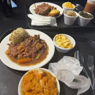 Pot roast, sweet potatoes, Mac and cheese, greens and cornbread
