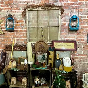 Love the ole brick wall in my store to display my barn pickins!
