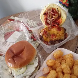 Lemmy on the right, Buzz, burger special of the day on the left and tots of course