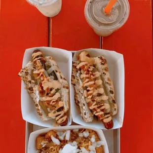 2 Big Daddy Dogs + Loaded Tots + Chocolate and Fruity Pebbles Shakes