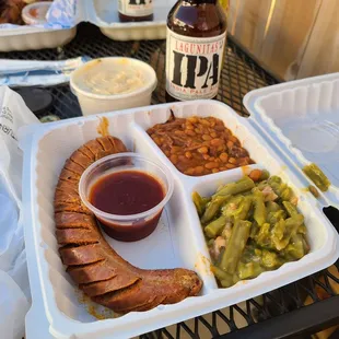 Single link meal w/ 2 sides (baked beans, green beans) plus potato salad