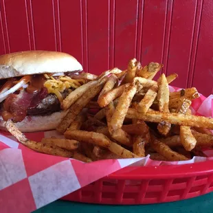 a basket of fries and a hamburger