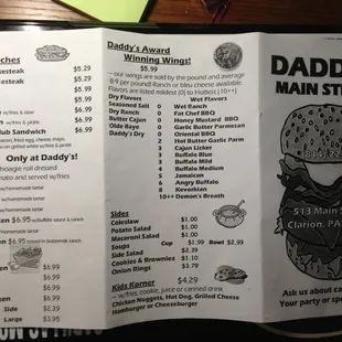 Other side of the regular menu