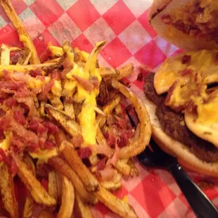 Myron Cope burger(pierogies, cheese sauce, and bacon)and loaded order of fries.New favorite thing to get here. Pierogies make it