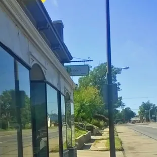 Small sign and store front.