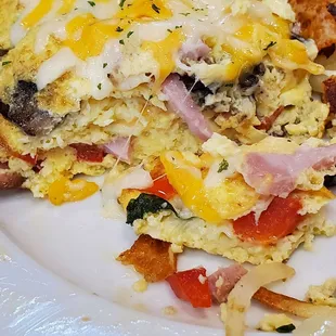 A look inside my tasty omelet with ham, mixed peppers, and mushrooms.