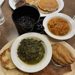 Soul food platter and Hot cake breakfast