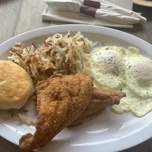 Catfish, eggs, hash browns and biscuit