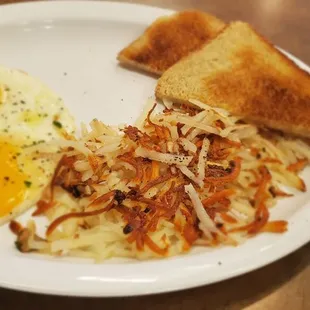 eggs, hash browns and toast