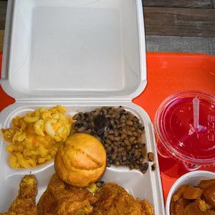 Fried Chicken, Black Eyed Peas, Mac &amp; Cheese, Sweet Potatoes with Kool Aid