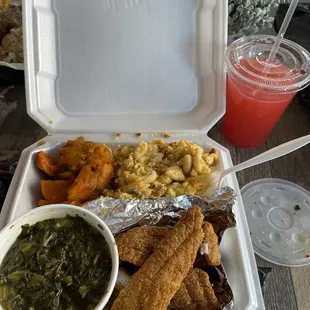 Catfish greens Mac n cheese sweet potatoes corn bread and kook aid mix