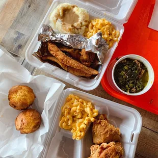 fried chicken, macaroni, and cheese
