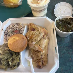 Baked Chicken plate with three side and the banana pudding.