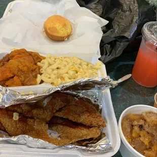 Catfish, yams, Mac and cheese, peach cobbler and Koolaid/Lemonade mix