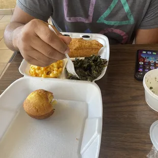 Fried catfish, greens, macaroni and cheese w/ cornbread