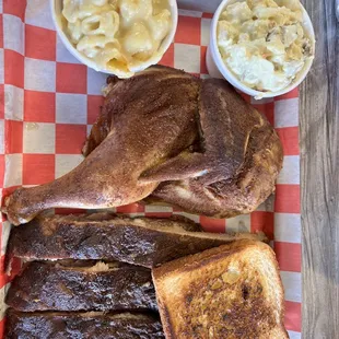 Ribs, chicken, Mac n cheese, potato salad, Texas toast