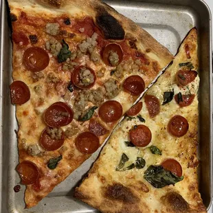 Sausage and pepperoni, and pepperoni and basil with hot honey drizzle, heated at my home in my toaster oven. 400 degrees 7 minutes.