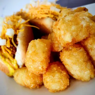 2 Coney combo with cheese and tater tots.
