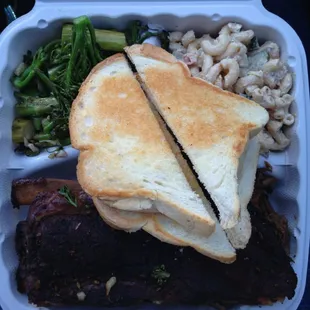 2 meat plate -- brisket, ribs, toast, smoked broccolini and greek mac salad