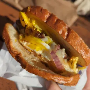 a person holding a sandwich