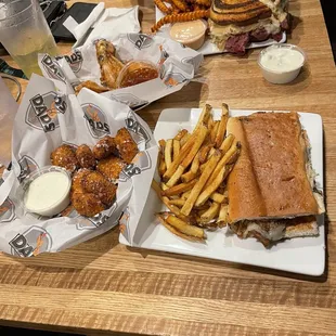 Dad 's Fireballs, split wings, Greuben Sandwich,Cuban Sammich