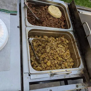 Carne asada and chicken.