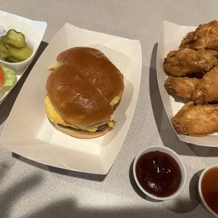 Cheeseburger( everything on the side). Wings with BBQ and mango habanero on the side .